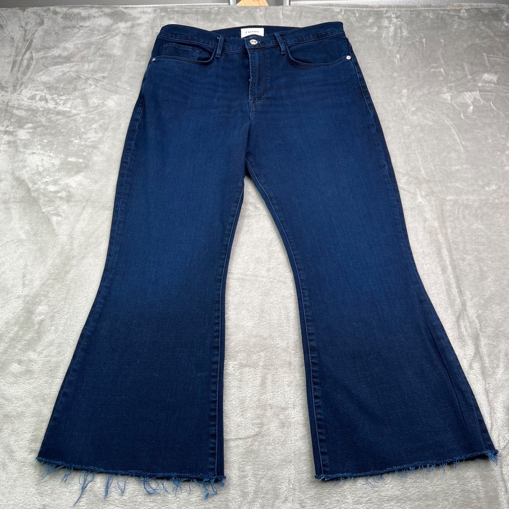 Frame Jeans Women's 31 Blue Le Crop Flare High Rise Raw Hem Dark Wash Denim